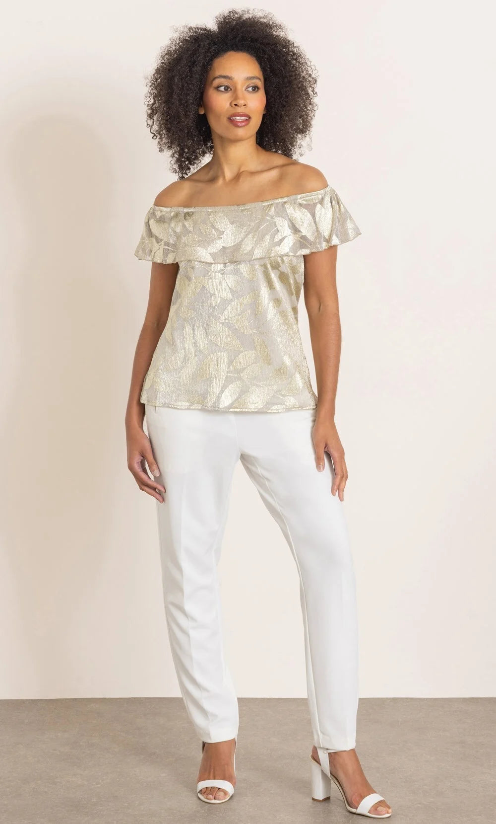 Metallic Leaf Print Bardot Top