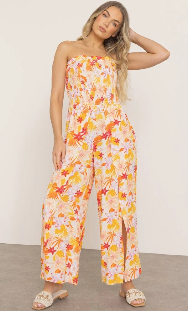 Floral Print Smocked Bandeau Jumpsuit