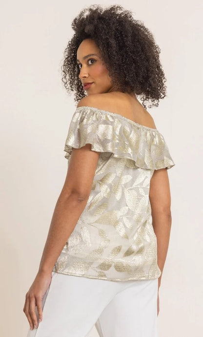Metallic Leaf Print Bardot Top