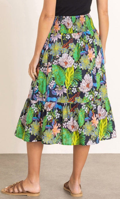 Garden Print Smocked Waist Cotton Skirt