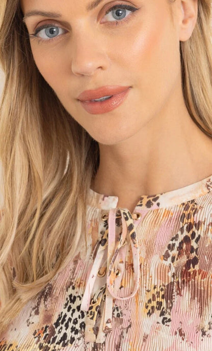 Lace Up Animal Print Pleated Top