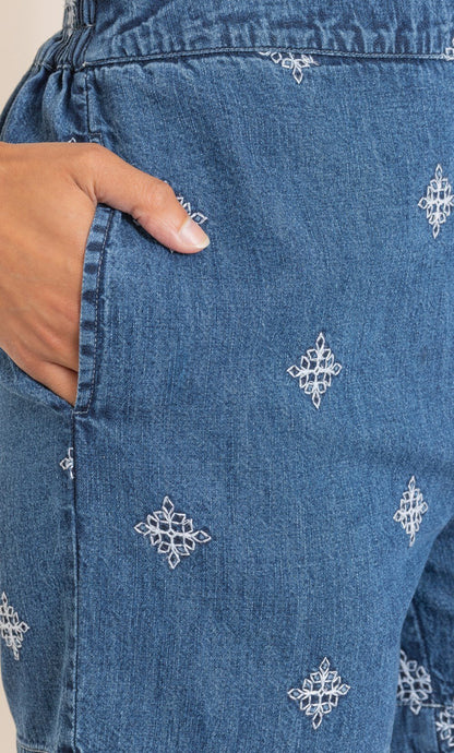 Embroidered Pull On Washed Denim Shorts
