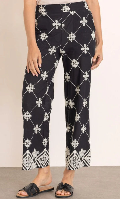 Embroidered Wide Leg Pull On Cotton Trousers