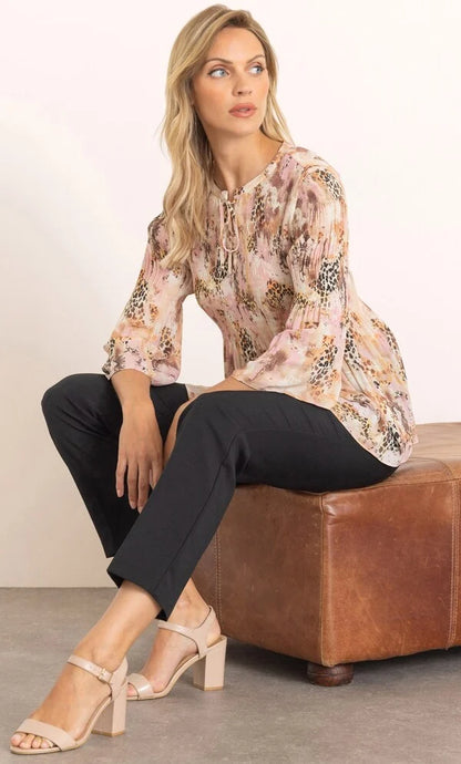 Lace Up Animal Print Pleated Top