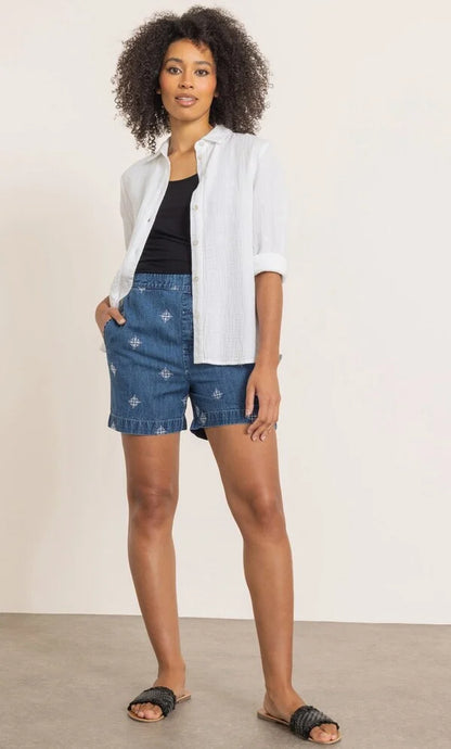 Embroidered Pull On Washed Denim Shorts
