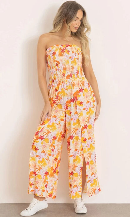 Floral Print Smocked Bandeau Jumpsuit