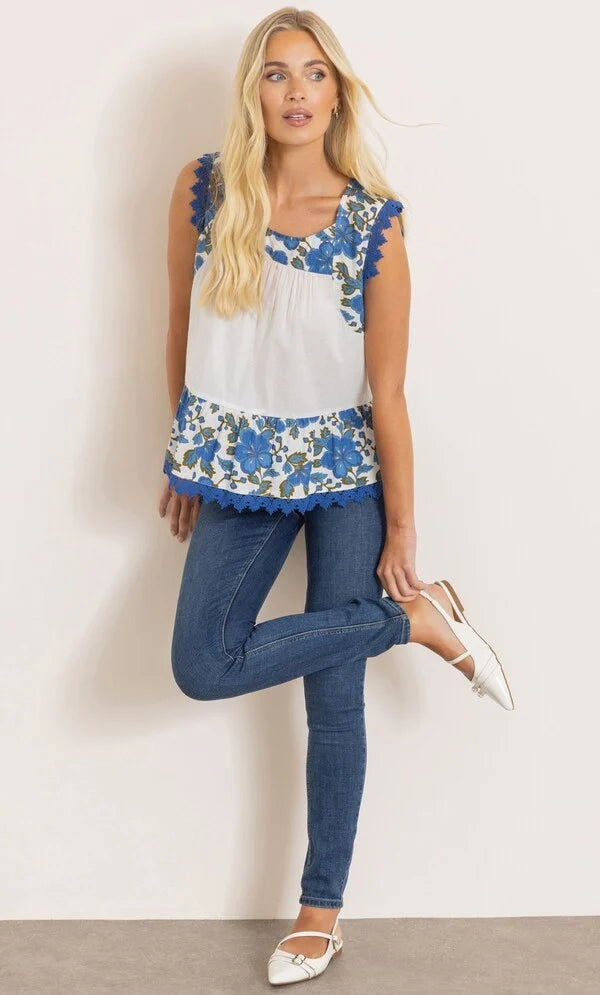 Floral Print And Plain Cotton Top