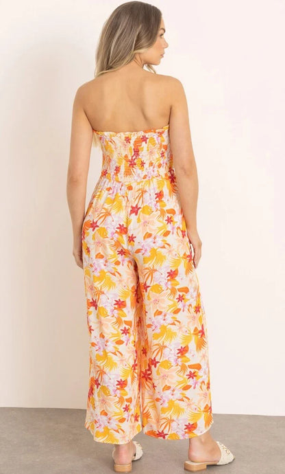 Floral Print Smocked Bandeau Jumpsuit