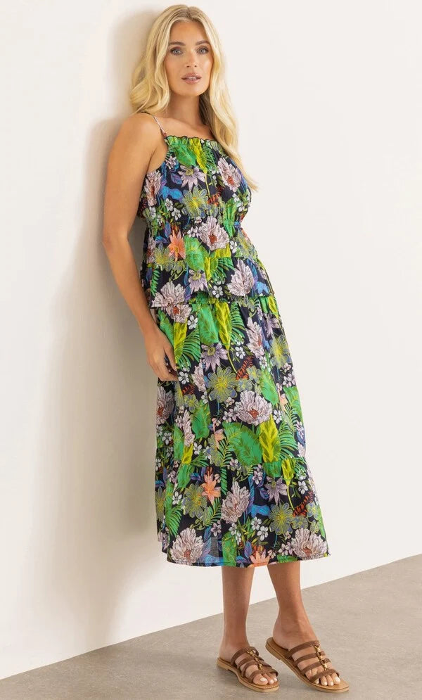 Garden Print Smocked Waist Cotton Skirt