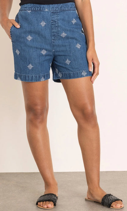 Embroidered Pull On Washed Denim Shorts