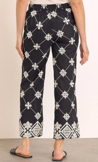 Embroidered Wide Leg Pull On Cotton Trousers