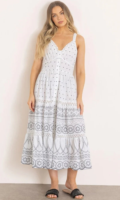 Lace Trim Printed Cotton Midaxi Dress
