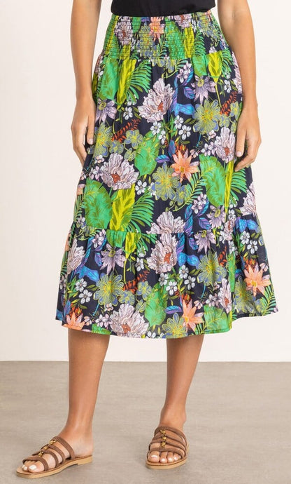 Garden Print Smocked Waist Cotton Skirt